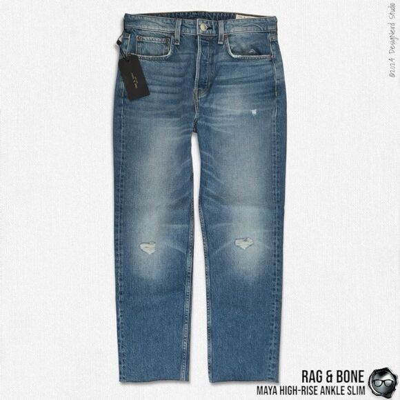 RAG & BONE MAYA HIGH-RISE ANKLE STRAIGHT JEANS IN AQUARIUS W/ HOLES SIZE 28 - Picture 2 of 16